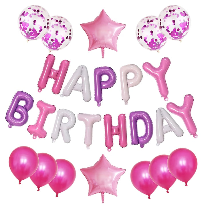 Set 25 Baloane Teno®, Litere, pentru Petreceri/Aniversari/Evenimente, confetti, stelute, model HAPPY BIRTHDAY, roz/mov/alb