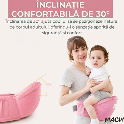 Suport port bebe Macvi® tip marsupiu, cu centura pentru talie, material bumbac premium, burete ergonomic, confortabil, 43 x 22 cm, roz