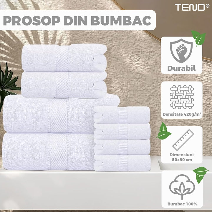 Prosop de baie si de fata Teno®, pentru uz rezidential/hotel/calatorii, densitate 420g/m², model egiptean, bumbac 100%, dimensiuni 50x90 cm, alb