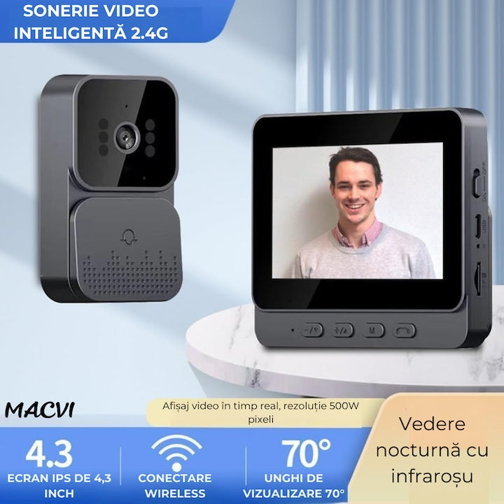 Sonerie video Macvi® wireless cu camera si monitor IPS 4, 3 inch interfon bidirectional fara WiFi, vedere nocturna IR, stocare pe card SD, instalare rapida
