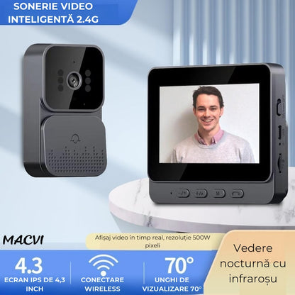 Sonerie video Macvi® wireless cu camera si monitor IPS 4, 3 inch interfon bidirectional fara WiFi, vedere nocturna IR, stocare pe card SD, instalare rapida