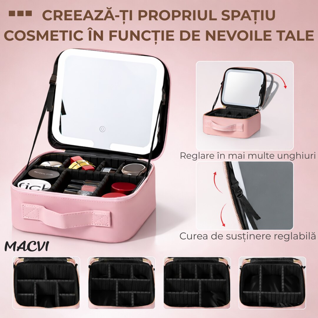 Organizator Machiaj cu Oglinda LED Macvi® 2000mAh, 3 Temperaturi Lumina, 76 LED, Compartimente Reglabile Rotire 360°, Incarcare USB, Geanta Cosmetice Impermeabila, Roz, 27x24x11 cm