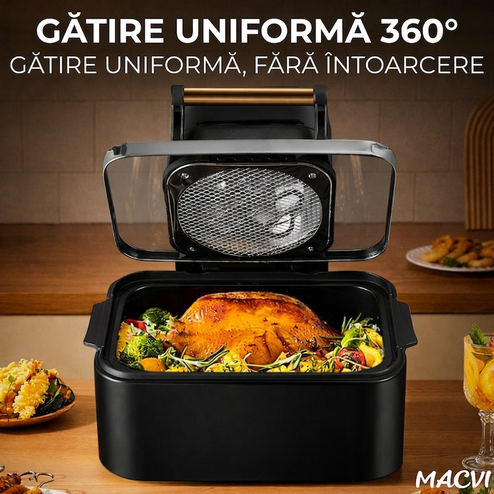 Friteuza cu aer cald digitala 3 in 1 Macvi® fara ulei 12 L 1700W control touch 11 programe LED negru auriu
