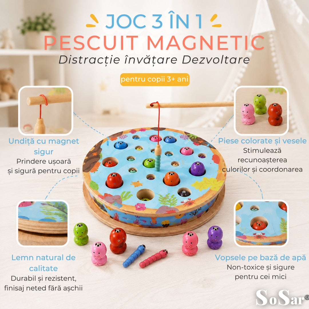 Joc Educativ din Lemn Sosar® 3 in 1 Pescuit Magnetic Sah si Sortare Culori Dezvolta Coordonarea Mana Ochi Abilitatile Cognitive si Motricitatea Fina