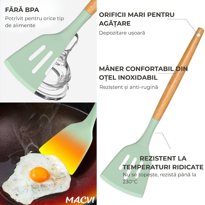 Set ustensile Macvi® bucatarie silicon premium 19 piese cu suport organizare cutite tocator linguri spatule fara BPA rezistente la temperaturi ridicate verde menta