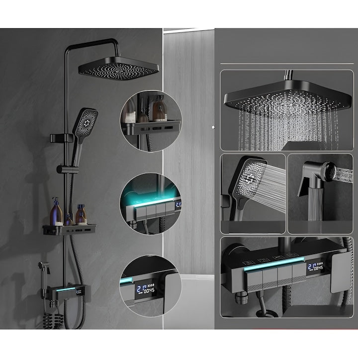 Coloana de dus Smart Macvi®, afisaj LED, termostatica, 4 moduri pulverizare, lumini ambientale, robinet ascuns, fara curent