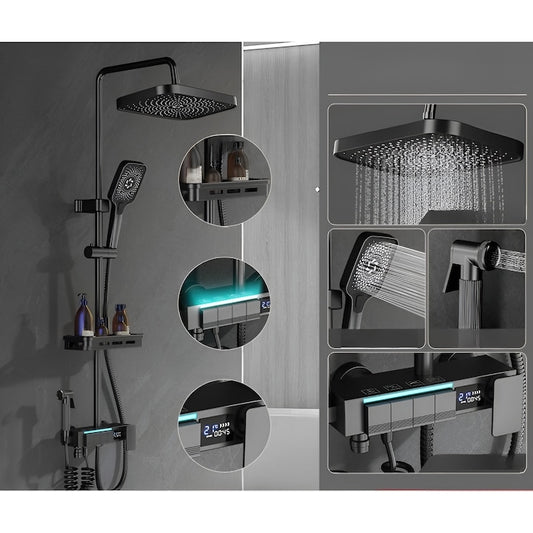 Coloana de dus Smart Macvi®, afisaj LED, termostatica, 4 moduri pulverizare, lumini ambientale, robinet ascuns, fara curent