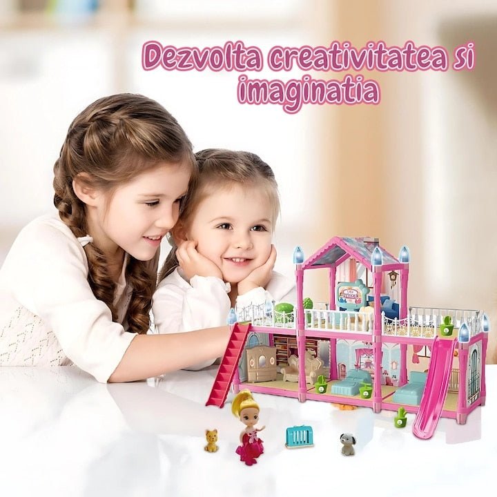 Casuta de papusi Macvi® 179 piese, 2 etaje, 6 camere, terase si scari, mobilier si accesorii incluse, cu catel si papusa, roz, model 556-73, jucarie pentru copii 3+ ani