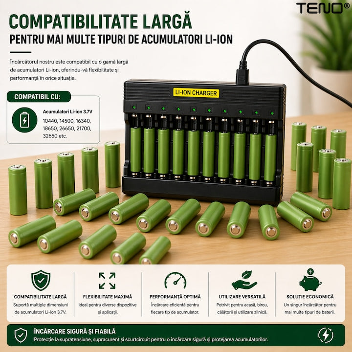 Incarcator inteligent baterii Li-Ion Teno®, 10 sloturi independente, LED individual, protectie completa, compatibil universal 3.7V