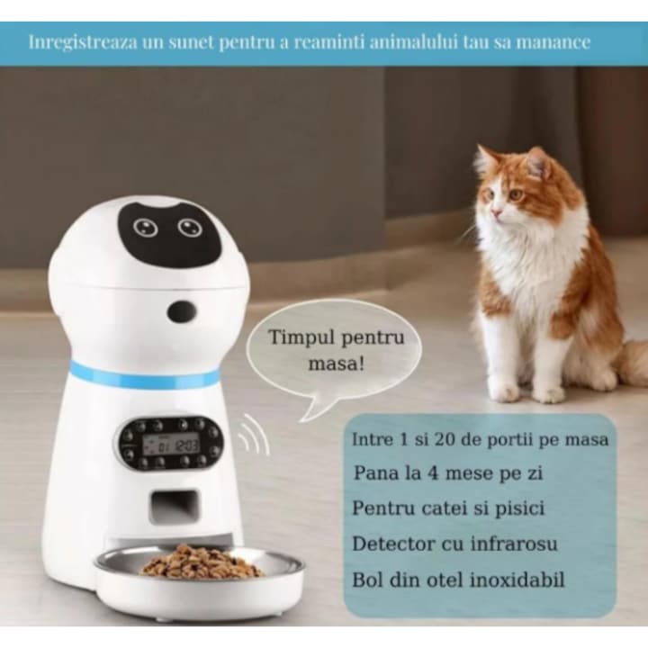 Hranitor automat Macvi® pentru caini si pisici, rezervor 3.5L, functie smart si programare, sunet hranire, distribuitor mancare uscata, usor de curatat