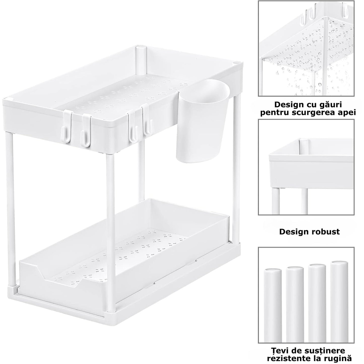 Organizator Extensibil Sub Chiuveta Macvi® cu Sertar Glisant si 4 Carlige Alb Descriere produs: