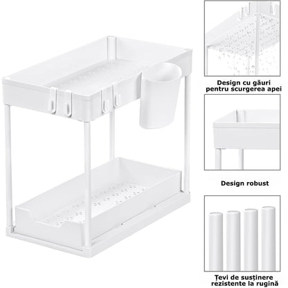 Organizator Extensibil Sub Chiuveta Macvi® cu Sertar Glisant si 4 Carlige Alb Descriere produs: