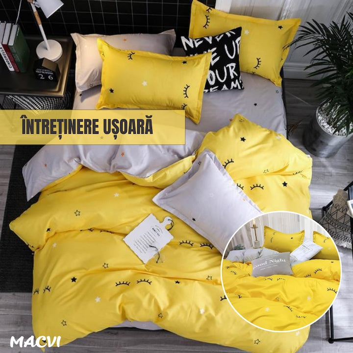 Lenjerie de pat Macvi®, bumbac gros finet, 2 persoane, 4 piese, galben, potrivita pentru saltele 180x220 - 200x230