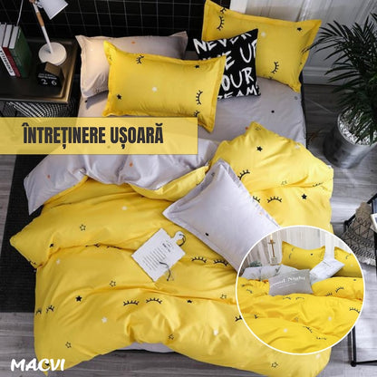 Lenjerie de pat Macvi®, bumbac gros finet, 2 persoane, 4 piese, galben, potrivita pentru saltele 180x220 - 200x230