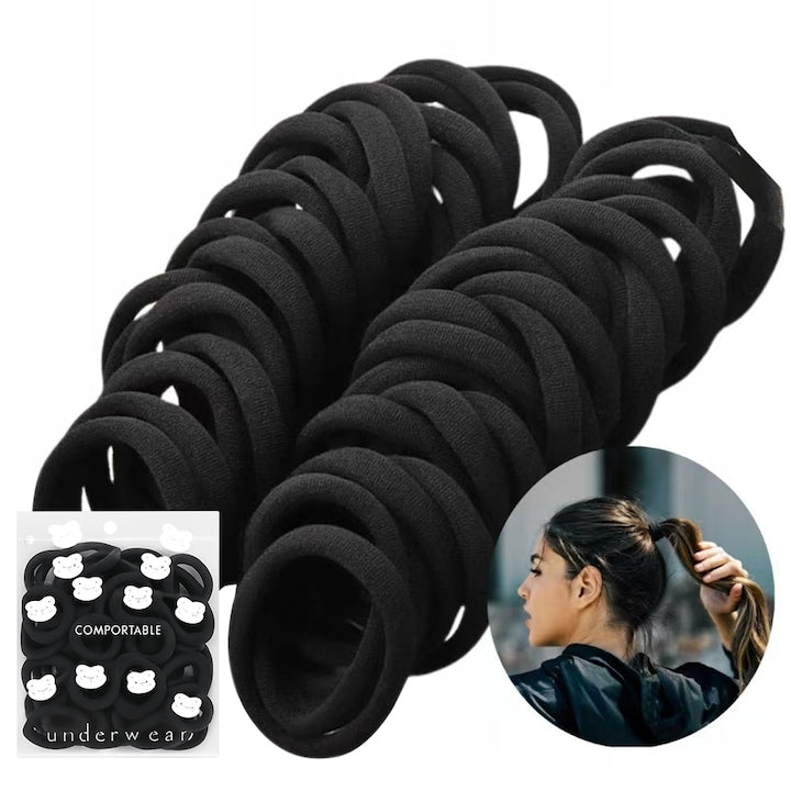 Set 100 elastice par Macvi®, negre, fara cusaturi, anti alunecare, nu rup parul, elastice rezistente, 3.8 cm, utilizare zilnica