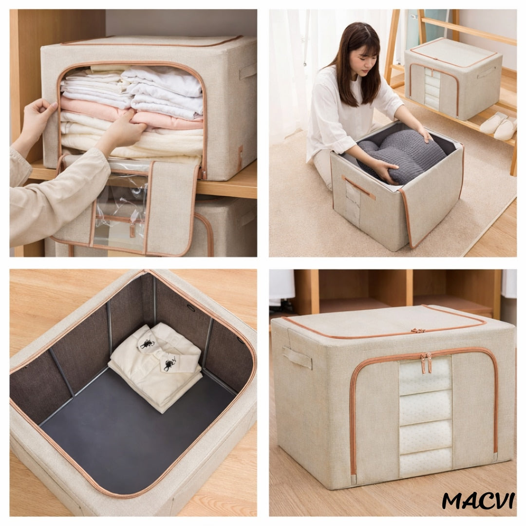 Organizator depozitare Macvi® 100 litri, cutie textila pliabila cu capac si fermoar, panou transparent pentru vizualizare si cadru metalic robust, ideala pentru haine voluminoase si depozitare