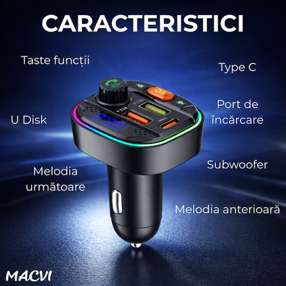 Modulator FM Bluetooth 5.0 Macvi® cu Incarcare Rapida QC 3.0 si PD 20W, 1x USB Tip C, 2x USB Tip A, Iluminare RGB, Negru