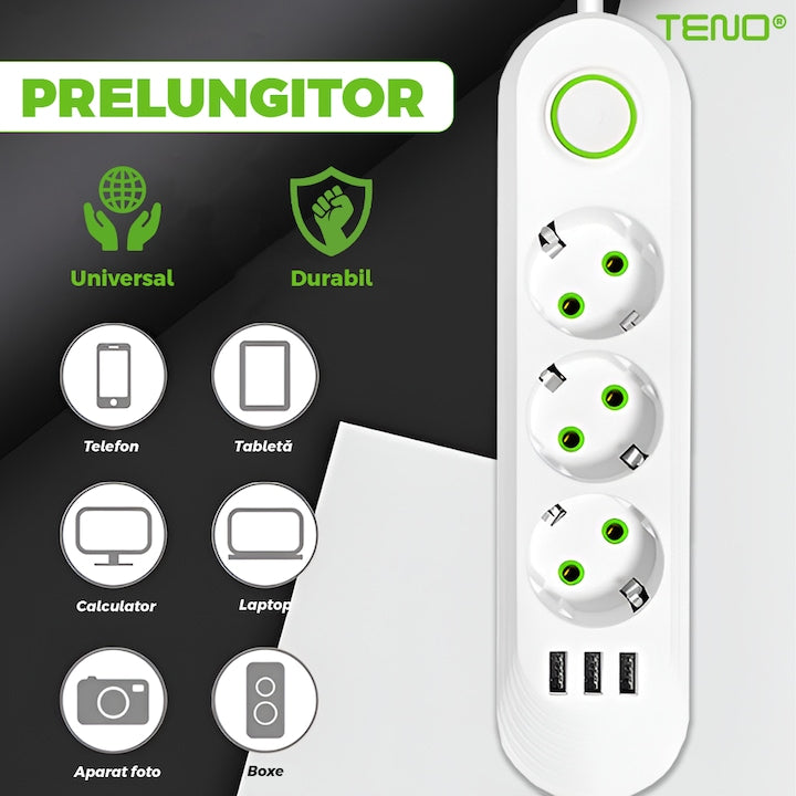 Prelungitor Teno®, 3 prize, 3 porturi USB, intrerupator, suport de agatare incorporat, rezistent la temperaturi inalte, universal, lungime 2 metri, alb