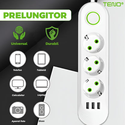Prelungitor Teno®, 3 prize, 3 porturi USB, intrerupator, suport de agatare incorporat, rezistent la temperaturi inalte, universal, lungime 2 metri, alb