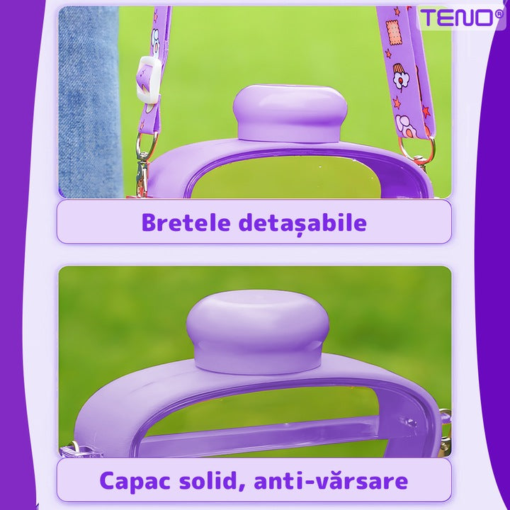 Sticla de Apa pentru Copii Teno®, forma de toast, fara BPA, anti-scurgere, usor de curatat, curea reglabila inclusa, pentru copii, 380 ml, mov