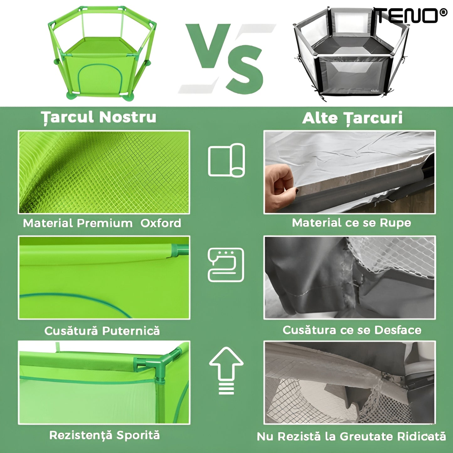 Tarc/Loc de Joaca pentru Copii Teno®, usa cu fermoar exterior, plasa, materiale calitative, usor de montat, dimensiuni 125x110x65.5, verde