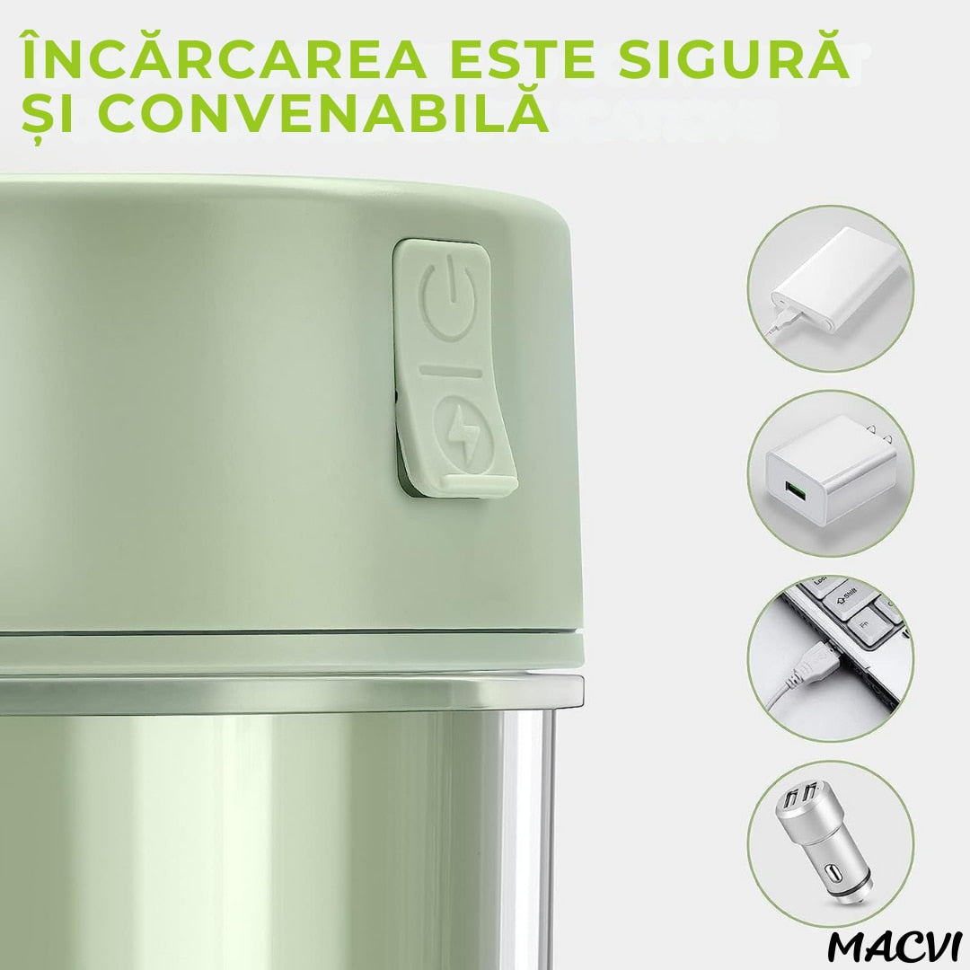 Storcator De Citrice Macvi® Portabil din Plastic cu Acumulator, Blender Reincarcabil USB, 6 Lame din Otel Inoxidabil, BPA Free, Anti-scurgere, Capac cu Pai, Capacitate 420 ml, Smoothie-uri si Sucuri