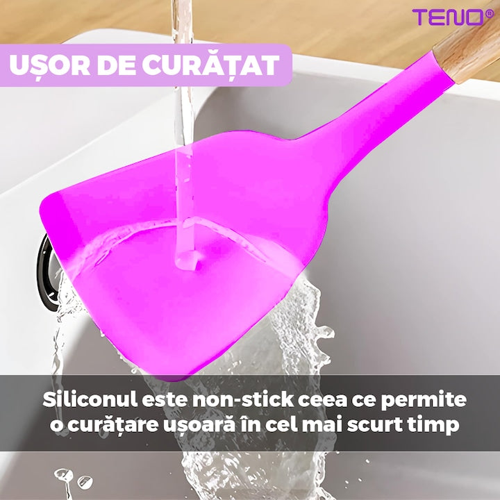 Set Ustensile Bucatarie 12 Piese Silicon Alimentar Teno®, termorezistente, antiaderente, sigure, suport inclus, mov