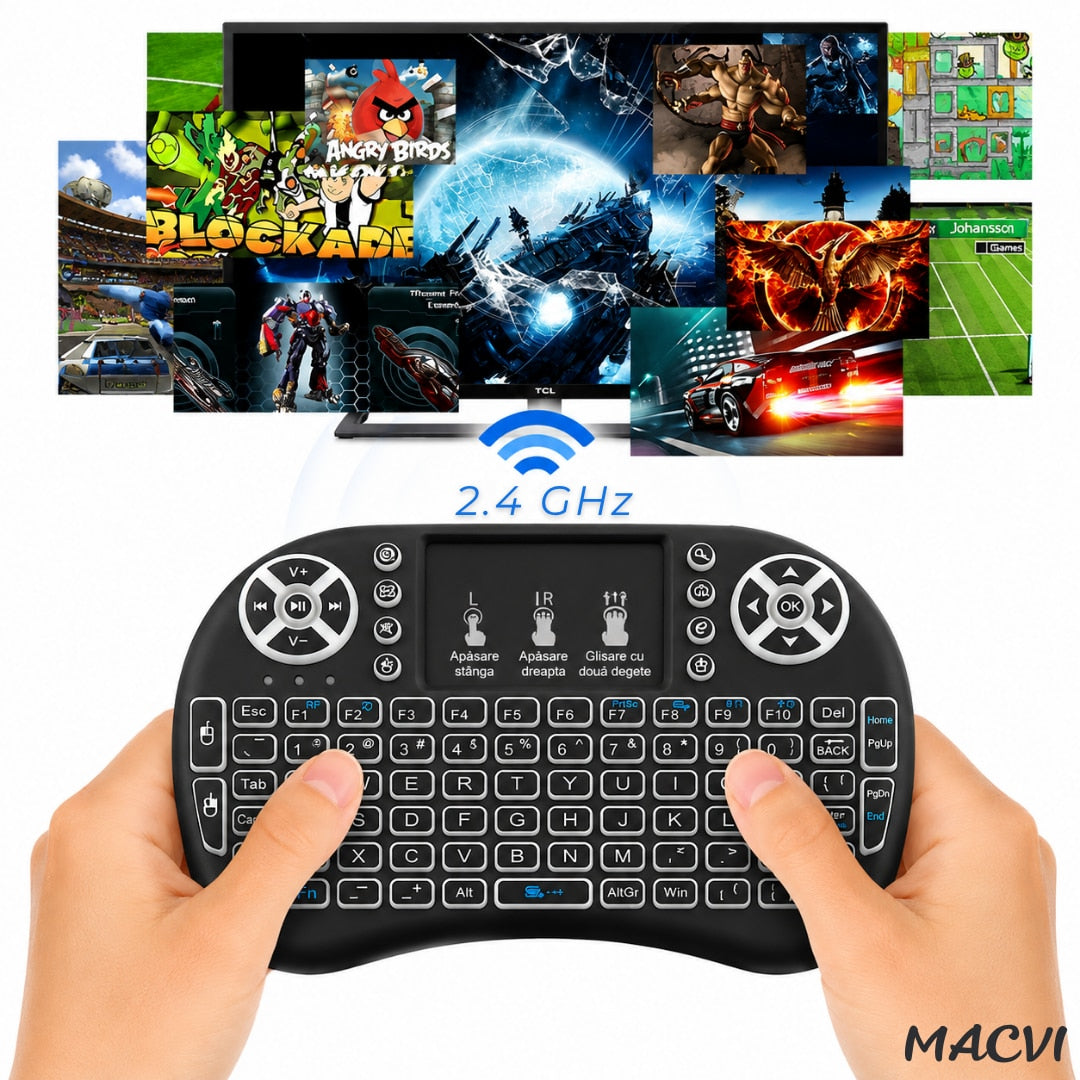 Tastatura Wireless Macvi® i8 RGB Air Mouse Touchpad Iluminata pentru Smart TV Android TV Box PC Laptop Reincarcabila