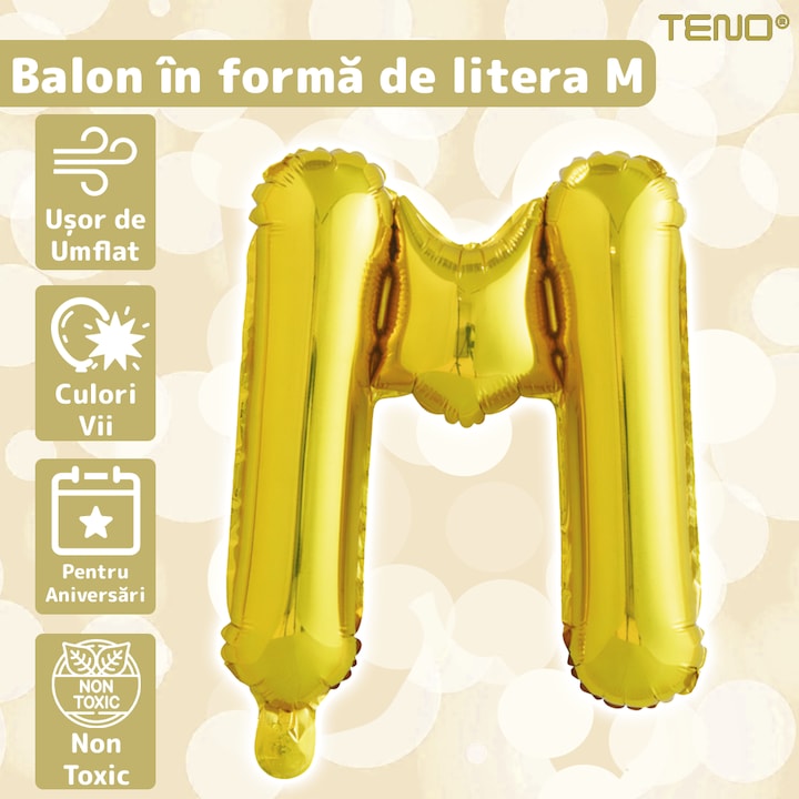Balon in Forma de Litera M Teno®, metalizat, pentru Petreceri/Aniversari/Evenimente, rezistent, folie, gold, 40 cm