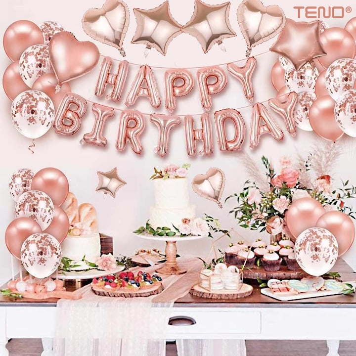 Set 27 Baloane Teno®, Litere, pentru Petreceri/Aniversari/Evenimente, confetti, stelute, inimioare, model HAPPY BIRTHDAY, rose gold