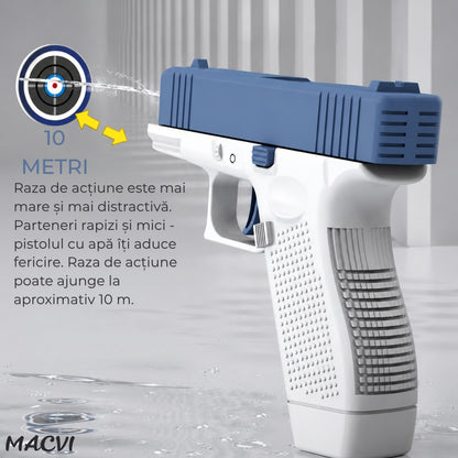 Pistol cu apa copii Macvi®, albastru cu alb, actionare manuala, jucarie vara exterior, dezvoltare dexteritate, 11.5 x 10 x 2.5 cm