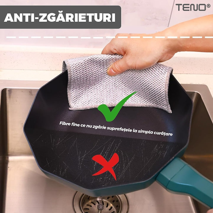 Set 5 Lavete Abrazive Teno®, tesatura cu sarma de otel, dublu strat, anti-aderente, curatare in profunzime, rezistente, 20 x 20 cm, gri