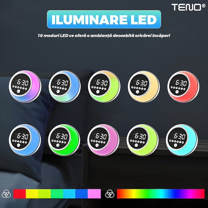 Ceas Desteptator Multifunctional Teno®, Bluetooth, functie de alarma, functie de radio, lumini RGB, autonomie ridicata, rotund
