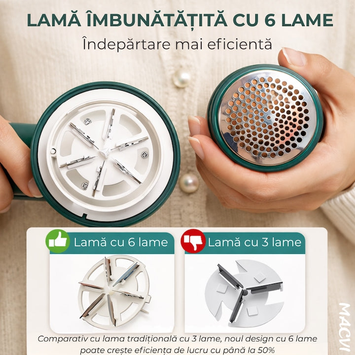 Aparat de indepartat scame Macvi®, incarcare USB, utilizare 4 ore, curatare uscata, verde