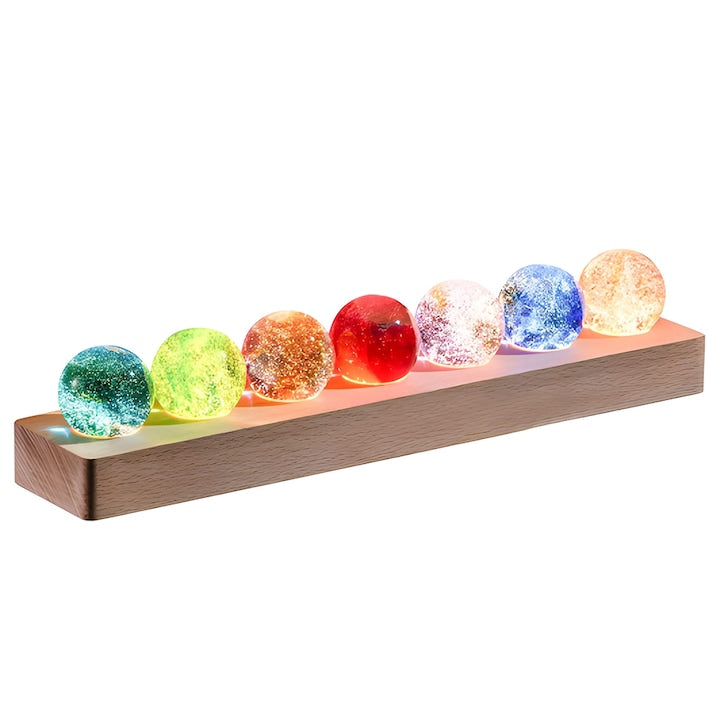 Lampa de Veghe Teno®, 7 bile de cristal, ambientala, lumini LED, suport de lemn, lumina cu protectie pentru ochi, multicolor