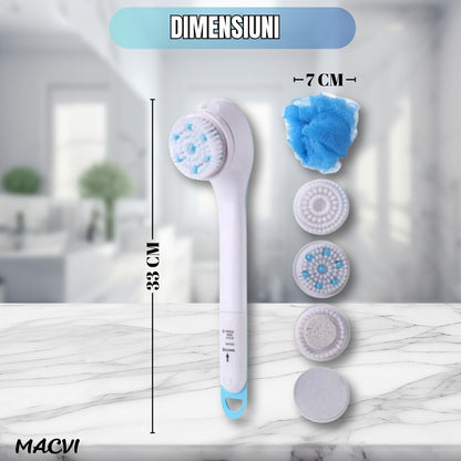 Perie baie rotativa Macvi®, electrica, pentru curatare, exfoliere si masaj, cu 5 capete interschimbabile si 2 trepte de viteza – o solutie completa pentru ingrijirea pielii si relaxarea zilnica