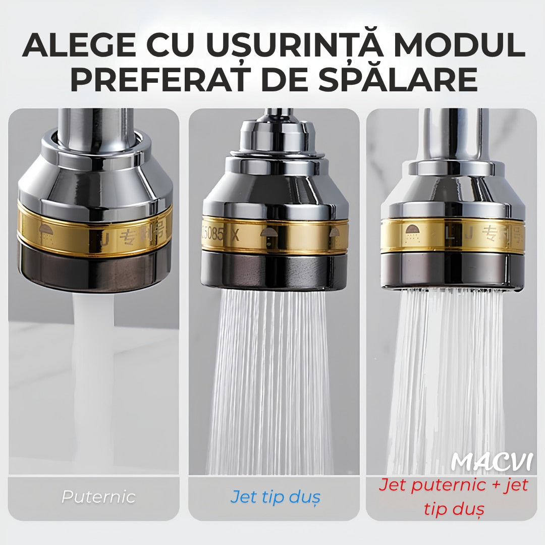 Prelungitor flexibil robinet Macvi® 360° 3 moduri jet economisire apa anti calcar alama inox 7.5 cm argintiu