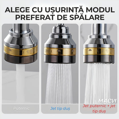 Prelungitor flexibil robinet Macvi® 360° 3 moduri jet economisire apa anti calcar alama inox 7.5 cm argintiu