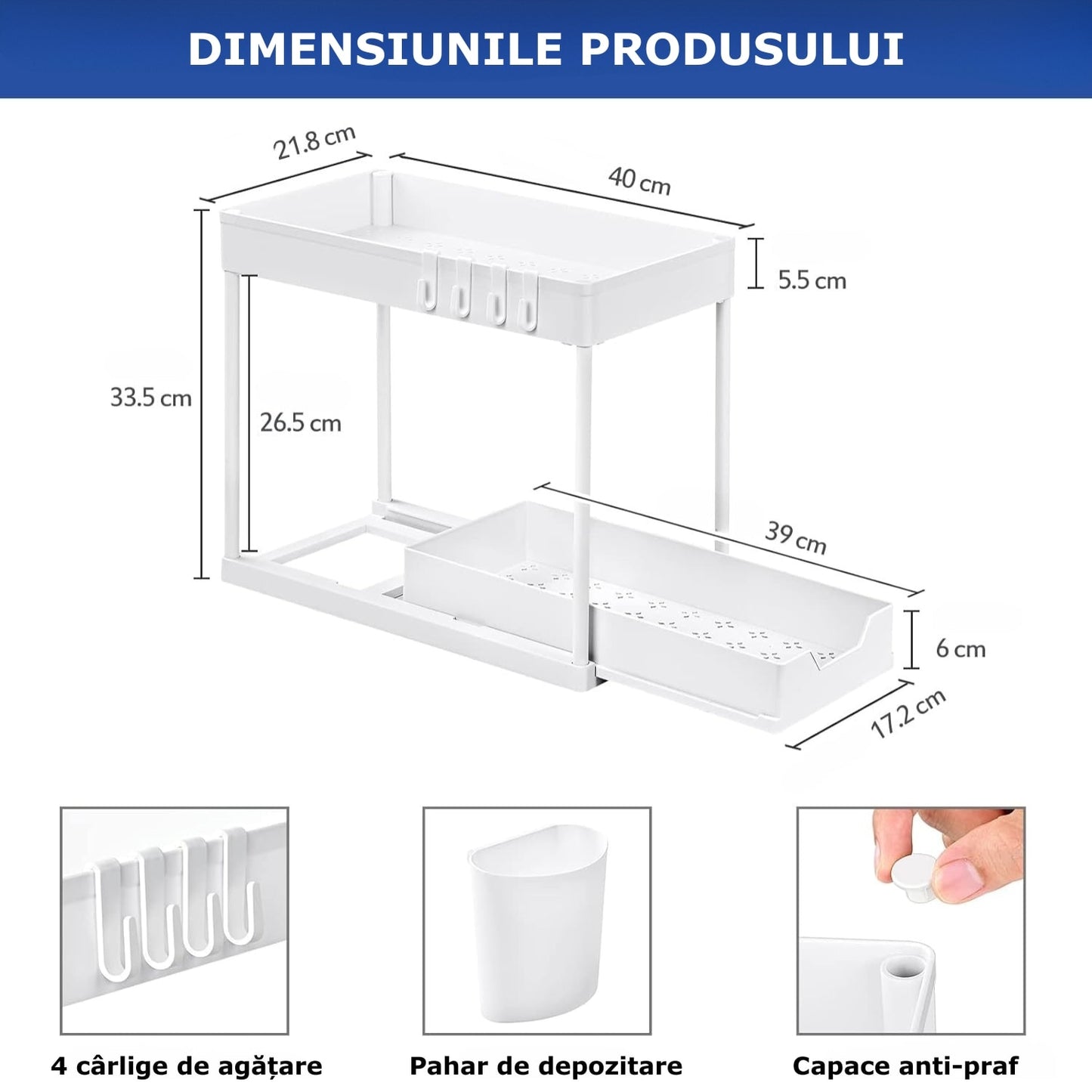 Organizator Extensibil Sub Chiuveta Macvi® cu Sertar Glisant si 4 Carlige Alb Descriere produs: