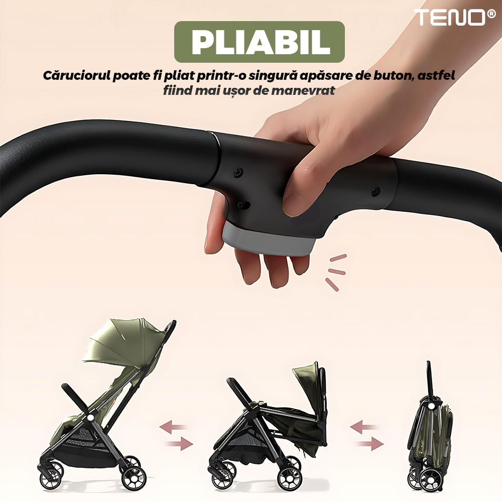 Carucior Sport pentru Bebelusi Teno®, pliabil, usor de carat, sezut reglabil, spatios, cosulet dorsal, copertina retractabila, greutate maxima suportata 25 kg, kaki