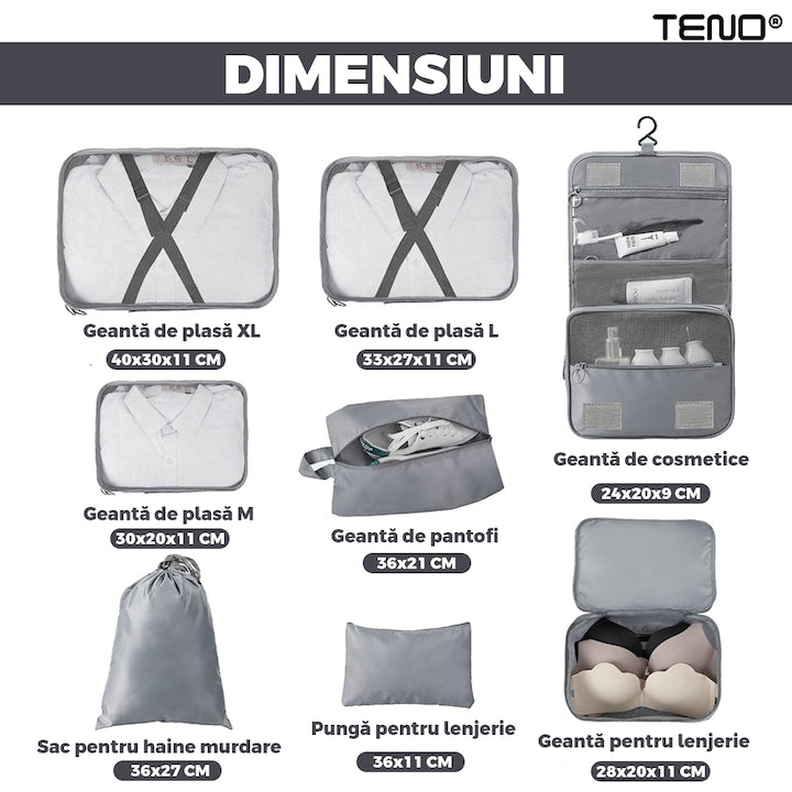 Set 8 Organizatoare Teno®, pentru calatorie, diferite marimi, 3 genti cu plasa, 1 geanta pentru lenjerie, geanta pentru cosmetice, sac pentru hainele murdare, inchidere cu fermoar dublu, plasa, gri