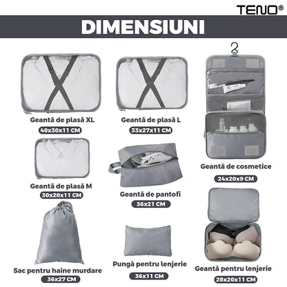 Set 8 Organizatoare Teno®, pentru calatorie, diferite marimi, 3 genti cu plasa, 1 geanta pentru lenjerie, geanta pentru cosmetice, sac pentru hainele murdare, inchidere cu fermoar dublu, plasa, gri