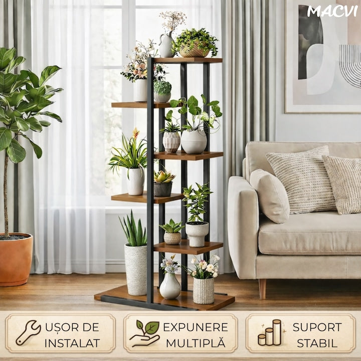 Suport plante Macvi® tip etajera asimetrica cu 6 rafturi, structura metalica rezistenta, rafturi lemn, suport flori interior, design modern pentru living balcon birou, 60x21.6x123 cm