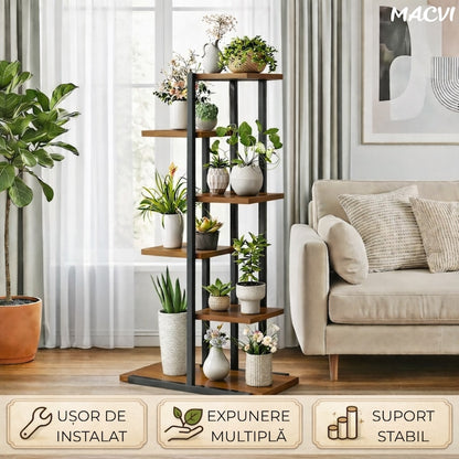 Suport plante Macvi® tip etajera asimetrica cu 6 rafturi, structura metalica rezistenta, rafturi lemn, suport flori interior, design modern pentru living balcon birou, 60x21.6x123 cm