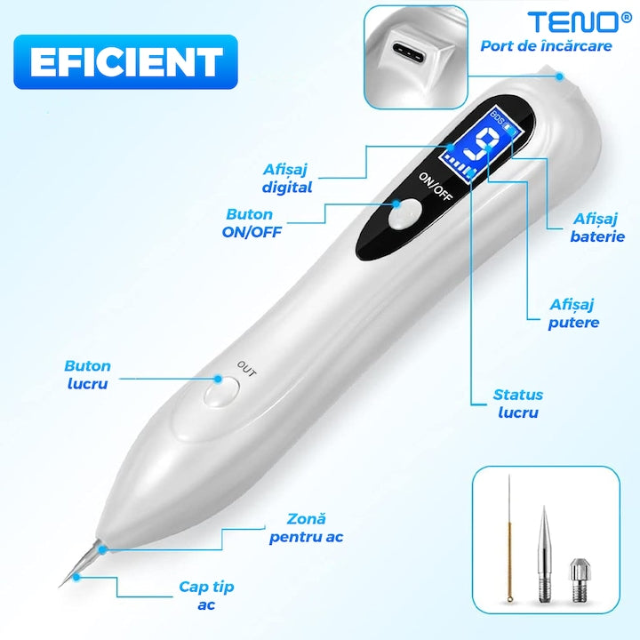 Stilou cu Plasma Teno®, pentru indepartarea alunitelor, petelor pigmentare, accesorii incluse, eficienta ridicata, autonomie mare, afisaj digital, alb