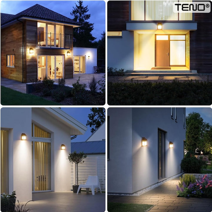 Lampa Solara de Perete LED Tip Felinar Teno®, senzor de miscare 5-8 metri, fara fir, 3 moduri de iluminare, protectie IP65, Waterproof, exterior, negru