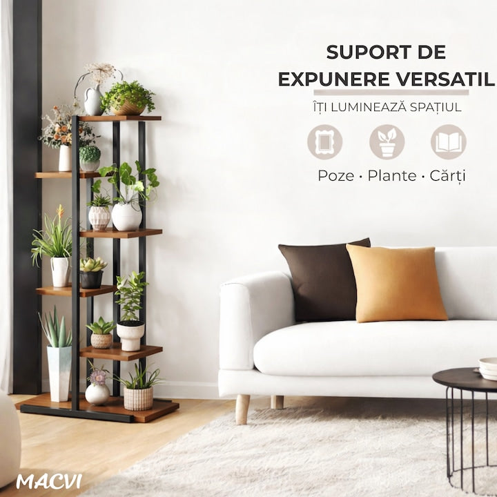 Suport plante Macvi® tip etajera asimetrica cu 6 rafturi, structura metalica rezistenta, rafturi lemn, suport flori interior, design modern pentru living balcon birou, 60x21.6x123 cm