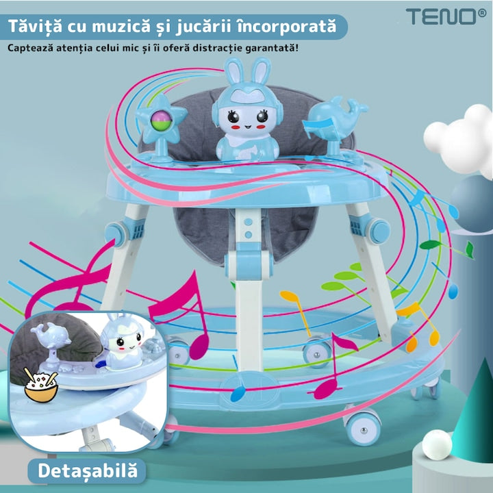 Premergator Multifunctional pentru Bebelusi Teno®, tava cu 3 jucarii, muzica, reglabil, pliabil, greutate max 20kg, 6-36 luni, albastru