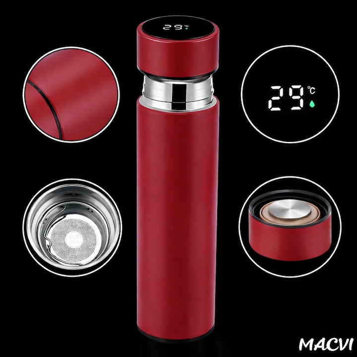 Termos Macvi® Smart 500 ml cu sita infuzor si perete dublu, afisaj LED temperatura rosu