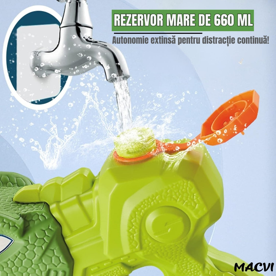 Pistol cu apa Macvi® dinozaur, rezervor 1330 ml, 35 cm, 3 duze, raza actiune 8 m, PVC rezistent, durabil, +6 ani, verde moss